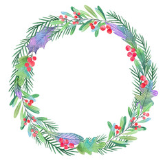 Fototapeta na wymiar Watercolor Christmas wreath. Watercolor plant wreath