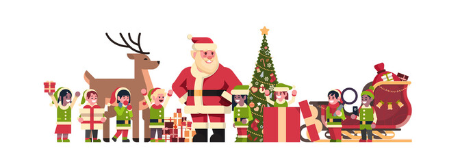 santa claus elves reindeer near fir tree decoration gift box christmas holiday new year concept flat horizontal isolated