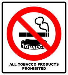 All Tobacco Products Prohibited Icon. No Smoking Sign.  illustration isolated on white background. Warning Forbidden Symbol, Black pictogram in red circle