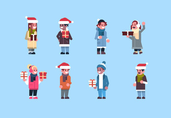 set man woman wearing winter clothes red hat hold gift box present merry christmas holiday happy new year concept male female cartoon character full length flat horizontal