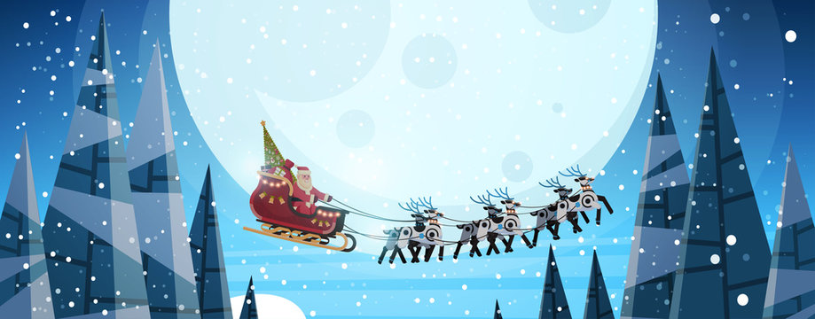 santa claus flying in sledge with reindeers night sky over moon merry christmas happy new year horizontal winter holidays concept flat