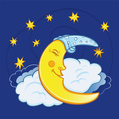 Moon sleeping on a cloud with stars in the night sky. Cute cartoon moon