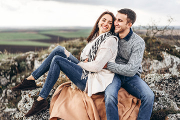 Romantic happy couple enjoy spending time together outdoor.