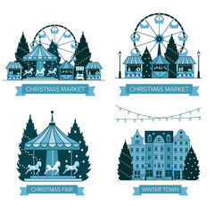 Winter Christmas fair market, Happy New year and Christmas Europe city, souvenir stalls, gift shops, Ferris wheel, garlands, carousel with horses, Christmas trees, socks, gifts. City winter landscape