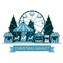 Winter Christmas fair market, Happy New year and Christmas Europe city, souvenir stalls, gift shops, Ferris wheel, garlands, carousel with horses, Christmas trees, socks, gifts. City winter landscape