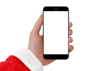 Santa holds in hand phone with empty screen, isolated on white background, mockup