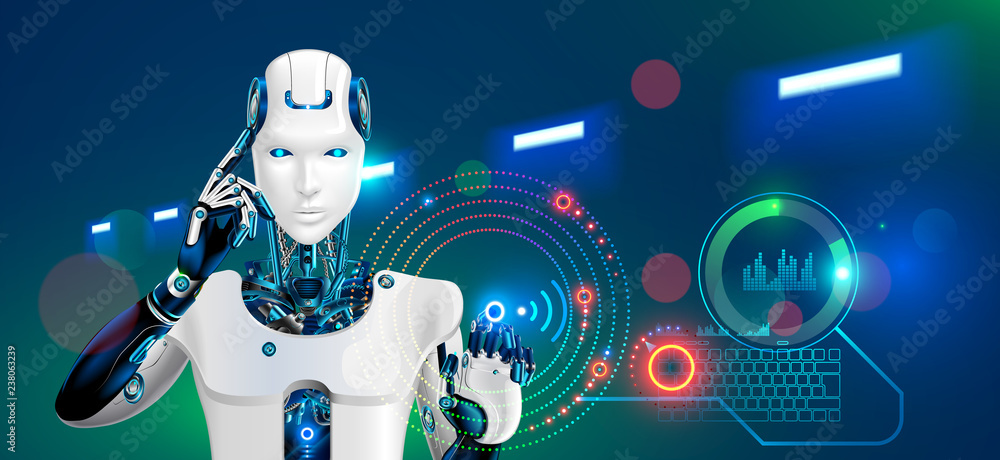 Poster Robot works at factory. Humanoid cyborg or android with ai taps the button on the virtual HUD graphic interface. Concept of the automation production technology in Future. 4 industry revolution.