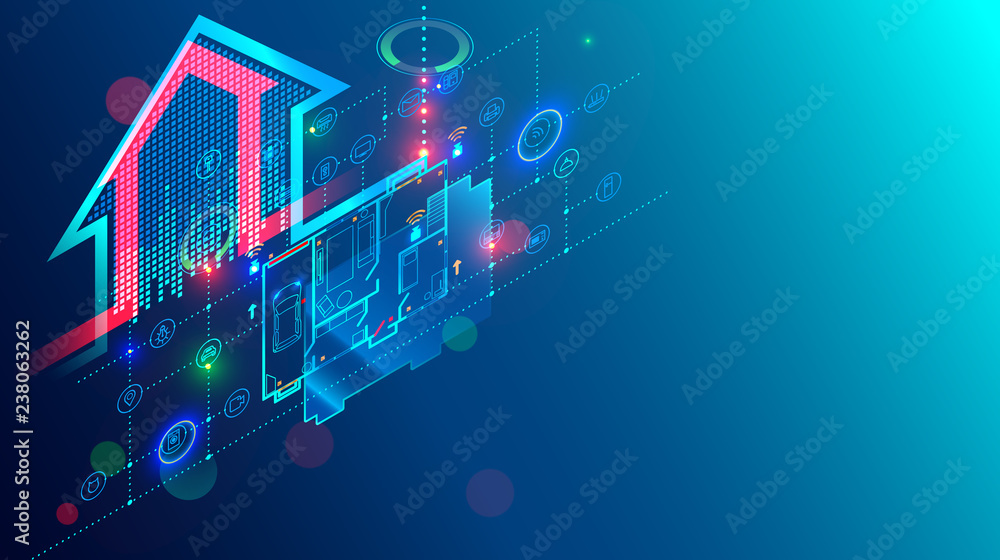 Poster Design and development smart home system. Engineering of automation of residential intelligence house. Isometric concept internet of things structure on architecture plan of building.