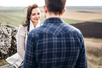 Romantic happy couple enjoy spending time together outdoor.