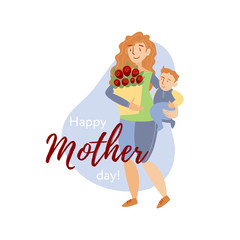 mother's day card, young mother with a baby holding a bouquet of red roses, flat illustration style