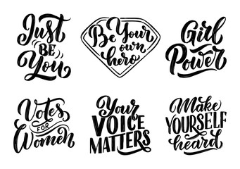 Set of lettering quotes about woman voice and girl power. Calligraphy inspiration graphic design typography element. Hand written postcard. Cute simple vector sign hand drawn style. Textile print