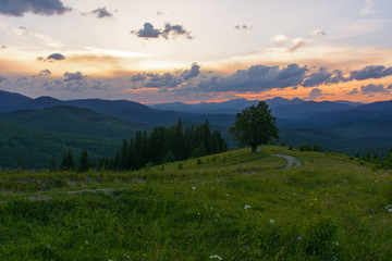 Sunset in the mountains in the summer.