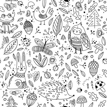 Cute forest animals and elements vector seamless pattern.