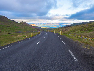 Asphalt road curve through rural north summer landscape with green grass. colorful steep cliffs, sheep and dramatic sky, Iceland western fjords, golden hour light