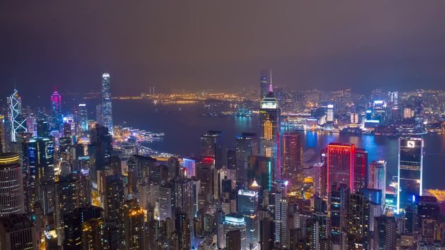 night illumination famous downtown cityscape aerial timelapse panorama 4k hong kong
