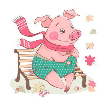 Cute cartoon pig sitting on a bench.
