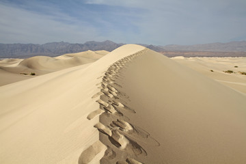 Human foot prints on sand dune ridge at Death Valley National Park, CA, USA