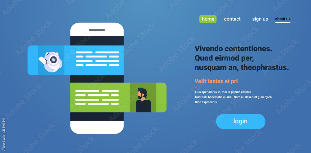 Poster chat bot robot communicating with businessman messenger mobile application concept flat copy space h