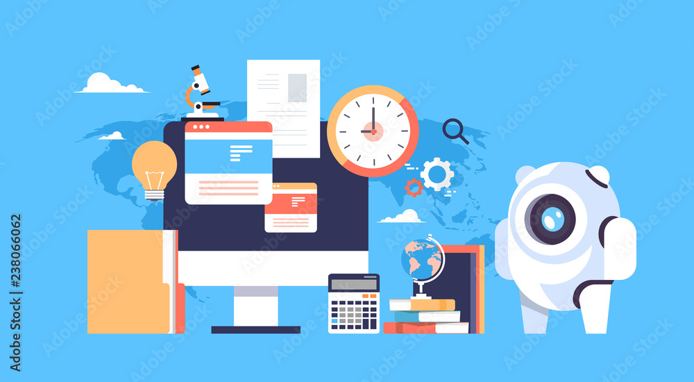 Poster artificial intelligence robot analysis online computer education bot concept flat horizontal