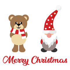winter christmas cartoon bear with scarf and christmas dwarf with christmas text
