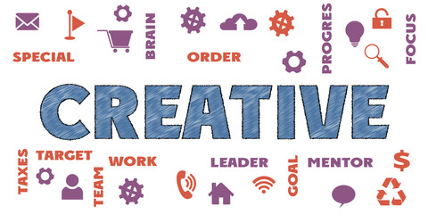 CREATIVE Panoramic Banner with icons and tags, words. Hi tech concept. Modern style