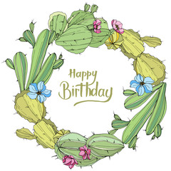 Vector Cacti flower. Engraved ink art. Frame border ornament square. Happy Birthday handwriting monogram calligraphy.