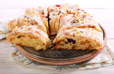 Fruit bread with icing, sliced