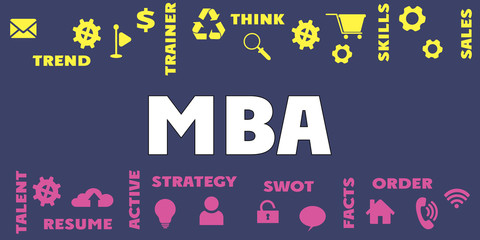 MBA Panoramic Banner with icons and tags, words. Hi tech concept. Modern style