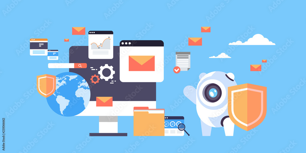 Poster security protection bot shield database protection app access concept horizontal flat global
