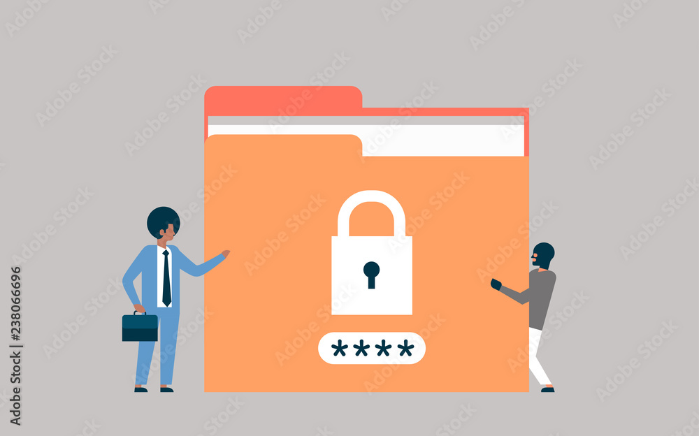 Poster businessman with hacker padlock password folder sensitive data concept locked privacy information da
