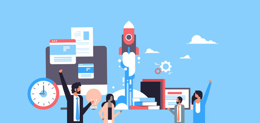 Business people launching new startup project space rocket start up flat horizontal portrait