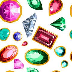 Gems and diamonds, precious stones seamless pattern vector.