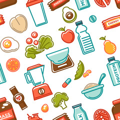 Healthy lifestyle and fitness food nutrition and drinks seamless pattern.