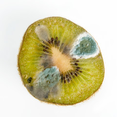 Kiwi slice covered with green mold on white background.