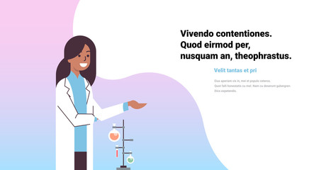 african female scientists working laboratory doing research test tube dropper woman researcher study chemicals experiments modern lab flat copy space portrait horizontal