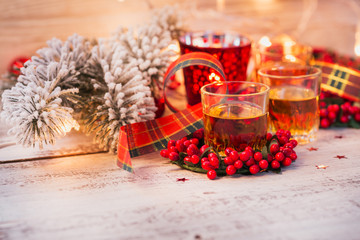 Whiskey, brandy or liquor shot and Christmas decorations