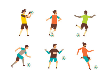 Fototapeta na wymiar set football players kick ball diversity poses isolated sport championship flat full length character horizontal