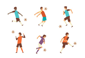 set football players kick ball diversity poses isolated sport championship flat full length character horizontal