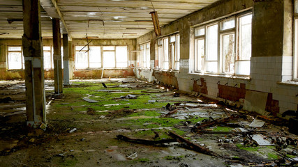 Destroyed building in a deserted city after the accident at the Chernobyl nuclear power plant