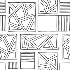 Seamless vector pattern. Black and white geometrical hand drawn background with rectangles, squares, triangles. Print for wallpaper, packaging, wrapping, fabric. Line drawing, graphic design