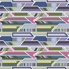 Geometric vector seamless pattern with different geometrical forms. Square, triangle, rectangle, lines. Modern techno design. Abstract background. Graphic colorful Illustration - 238069400