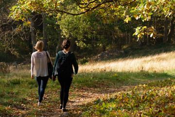 couple of friends walking in autumn park