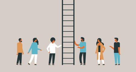 people group climbing career ladder way up new job opportunities teamwork progression concept flat horizontal © mast3r