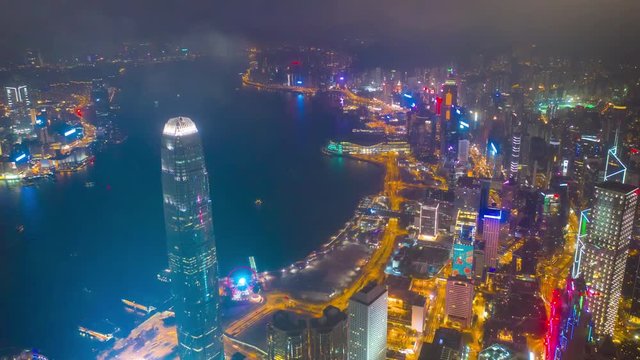night illumination victoria peak cityscape aerial timelapse panorama 4k hong kong
