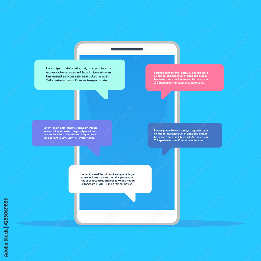 Poster mobile application chat interface message notifications bubble copy space flat