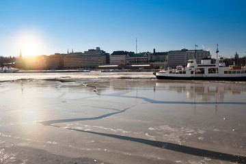 Embankment in Helsinki in winter, view from the bay..