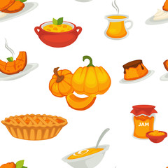 Delicious pumpkin dishes for main course and dessert seamless pattern.