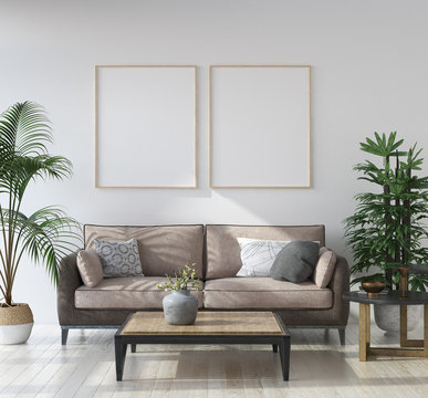 Mockup poster in hipster living room interior, Scandinavian style, 3d render