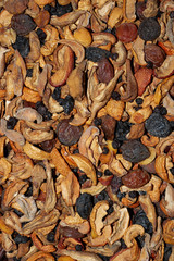 Mix of dried: apricots, apricot with a bone, dried apricot, prunes, apples, raisin, uruk. Dried fruit background.