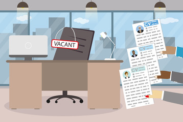 Office desk and Sign vacant on chair,